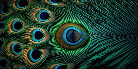 Obraz premium Macro Closeup Peacock Feather Pattern Abstract Background. Generative AI. 