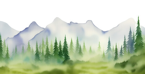 a forest in water colors with a mountain range in the background - generative ai