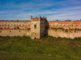 Fototapeta premium Aerial view by drone. Summer. Stare Selo Castle. Ukraine Fortess. West Ukraine.