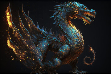Chinese mystic dragon with blue skin, Generative AI