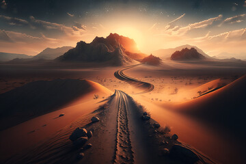 Fototapeta na wymiar Road to sunset in the desert