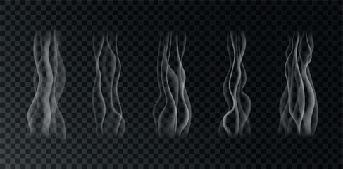 Pack of realistic icons of smoke and steam isolated on transparent backdrop. Vector illustration with flowing vapor, fog waves and mist effect