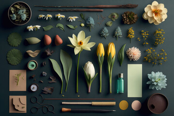 Spring flowers and leaves knolling set, Generative AI