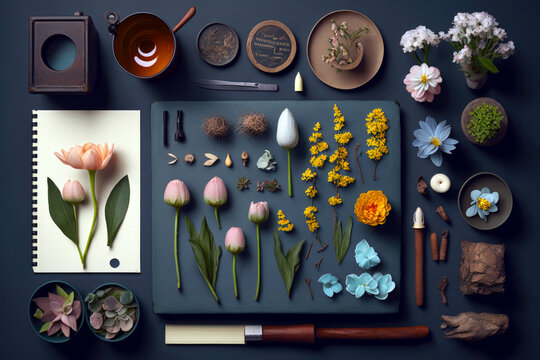 Spring flowers and leaves knolling set, Generative AI