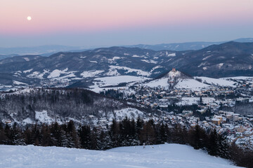 Calvary in historical mining town Banska Stiavnica at dusk, UNESCO site, Slovakia