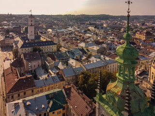 Aerial view of architecture of Lviv by drone. Summer Ukraine Lviv region, West Ukraine. 