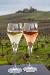 Tasting of brut and rose champagne sparkling wine outdoor with view on pinot noir gran cru vineyards of famous champagne houses in Montagne de Reims near Verzenay, Champagne, France
