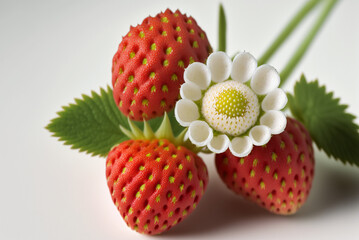 Wild strawberries, macro on white background, Generative AI
