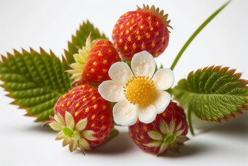 Wild strawberries, macro on white background, Generative AI