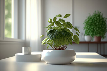 Green plant in a white vase, Generative AI