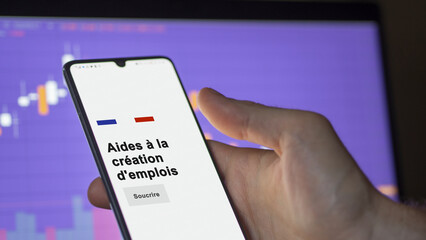 An entrepreneur subscribing to the job creation aid on your phone. Text in French.