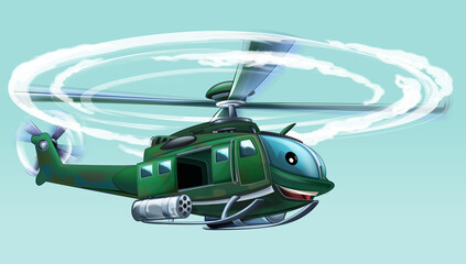 cartoon scene with military helicopter flying on duty illustration for children