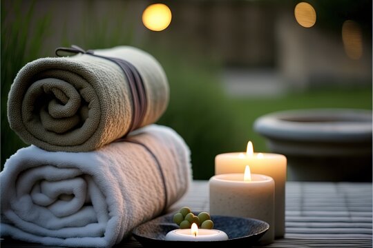 illustration of spa skin care product set decoration, towel candle, oil bottle, Generative Ai