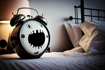 image, mechanical alarm clock with screaming face, generative ai