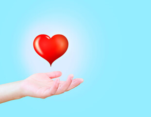 Heart icon. Voluntary charity donation, world heart day, world health day. CSR responsibility and health insurance. Hand of doctor isolated on light blue background.