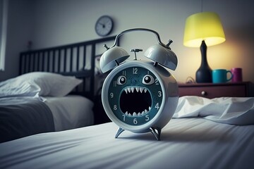image, mechanical alarm clock with screaming face, generative ai