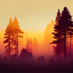 Beautiful misty forest nature landscape at sunset or sunrise, Generative AI