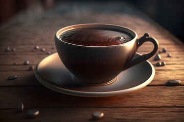 Cup of coffee, brown cup and brown wood background. Generative AI. 