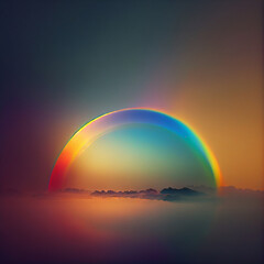 Fantasy rainbow landscape, beautiful minimalist rainbow in sky illustration. Generative AI