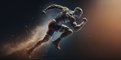 Full body length shot of professional runner over dark background with powder cloud. Generative AI illustration banner with copy space for advertisement