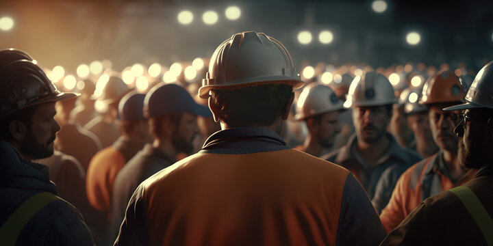 Mine workers meeting inside the mine wearing safety gear and hard helmet. Generative AI illustration