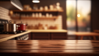 Fototapeta na wymiar Brown wooden table top and blurred red kitchen background from interior building - ready for display or montage your products Generative AI