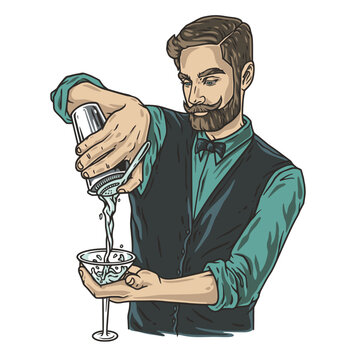 Barman with shaker and martini for bartending. Barkeepr or bartender with beard and mustache for cocktail bar.