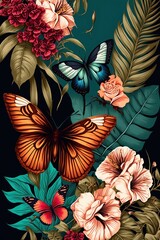 image, tropical palm leaves and roses wallpaper, generative ai
