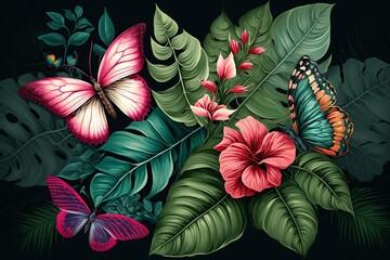 image, tropical palm leaves and roses wallpaper, generative ai
