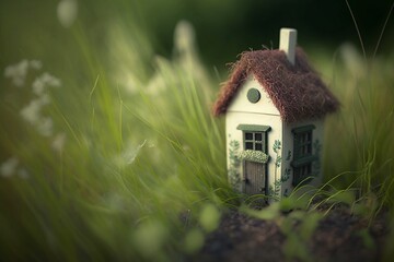 image, little toy house deep in the grass in the meadow, ai generative