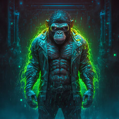 Fototapeta premium Monkey Chimpanzee angry, neon lights, futuristic,in the night city