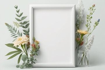 Poster frame empty white mockup, front view, with decor elements, flowers and blank copy space on white background. Generative AI