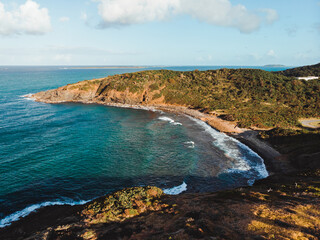 Beautiful island coast with a beach between two green mountains from puerto rico