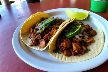Mexican al pastor tacos. Generative AI - obrazy, fototapety, plakaty