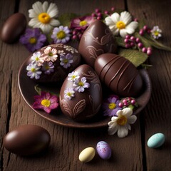 Easter chocolate eggs with flowers on wood table. Generative AI