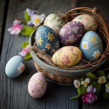 Easter eggs in a wicker basket on a wooden table. Generative AI
