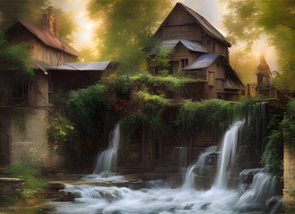 painting of an old wooden watermill by the side of a river with flowing water in woodland. generative ai illustration.