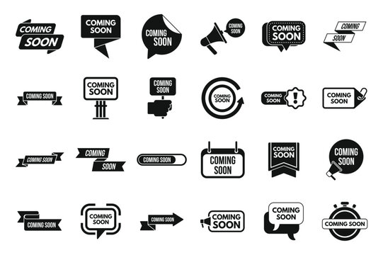 Coming soon icons set simple vector. Neon sign. Arrival release
