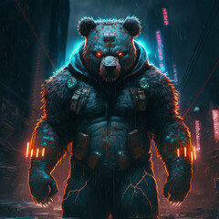 Bear angry, neon lights, futuristic, in the night city