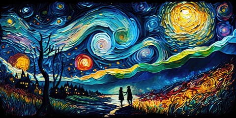 Colorful impressionist night sky landscape. Swirling color spirals of planets and starts. Silhouettes walking down a forest path. Background.