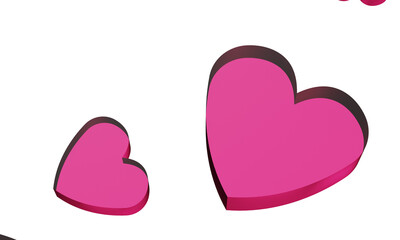 Clear pink hearts of various sizes on white background. 3D illustration. 3D CG. 3D illustration. PNG file format.	