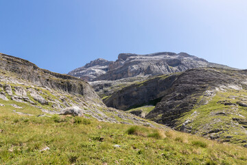 Stunning Pyrenees mountains view with canyon and dramatic landscape in National Park. Spain.