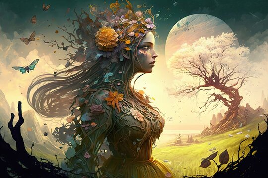 Spring equinox. Fantasy fairy woodland creature in the forest. Mystical woman ushering in spring flowers and growth under the moon. Abstract illustration.