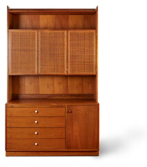 Vintage cane front cabinet. Minimalist hutch with drawers. No background.