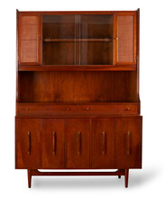 Vintage walnut display cabinet. Red Mid-Century Modern hutch. Product photograph. No background png. 