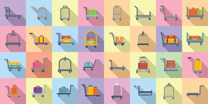 Luggage trolley icons set flat vector. Business bag. Carriage suitcase
