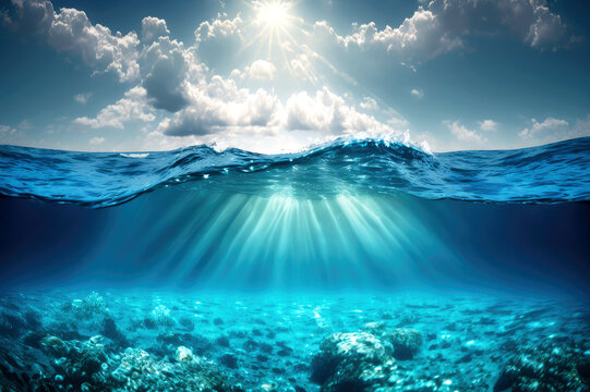Blue or ocean water surface and underwater, AI