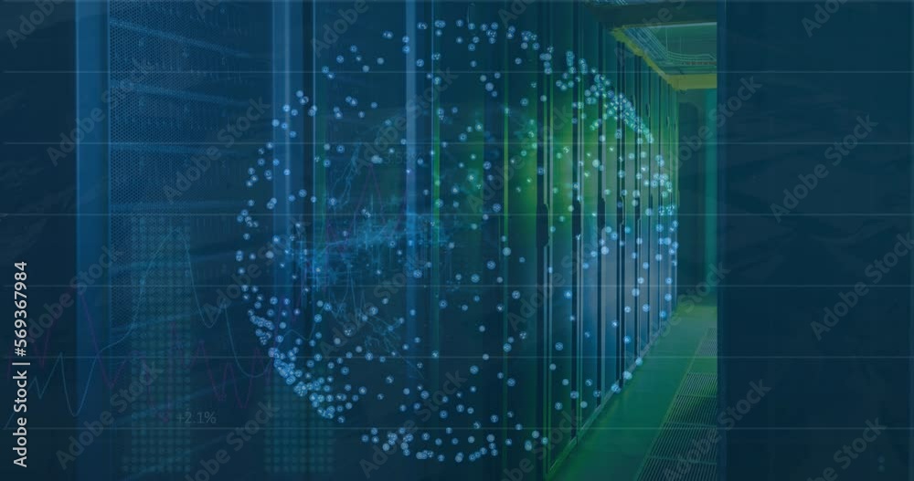 Poster animation of spinning globe and statistical data processing against computer server room