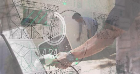 Animation of globe and data processing over african american couple fueling car - Powered by Adobe