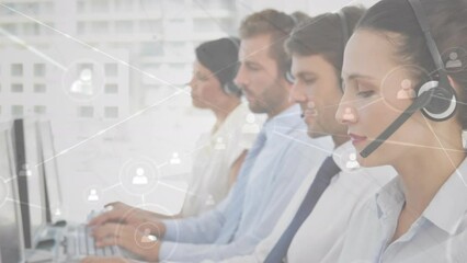 Animation of network of profiles over caucasian female customer care executive smiling at office